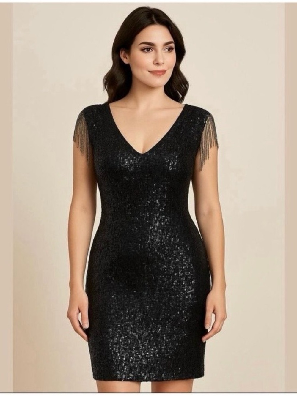 Betsey Johnson Black Sequin V-Neck Cocktail Dress with Fringe Sleeves Sz S